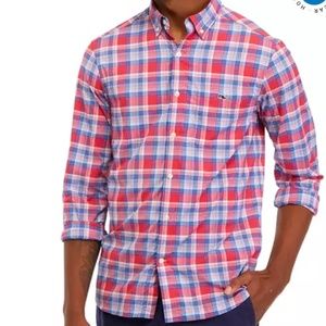Vineyard Vines Men's Plaid On the Go Performance Nylon Shirt Red White Blue EUC!